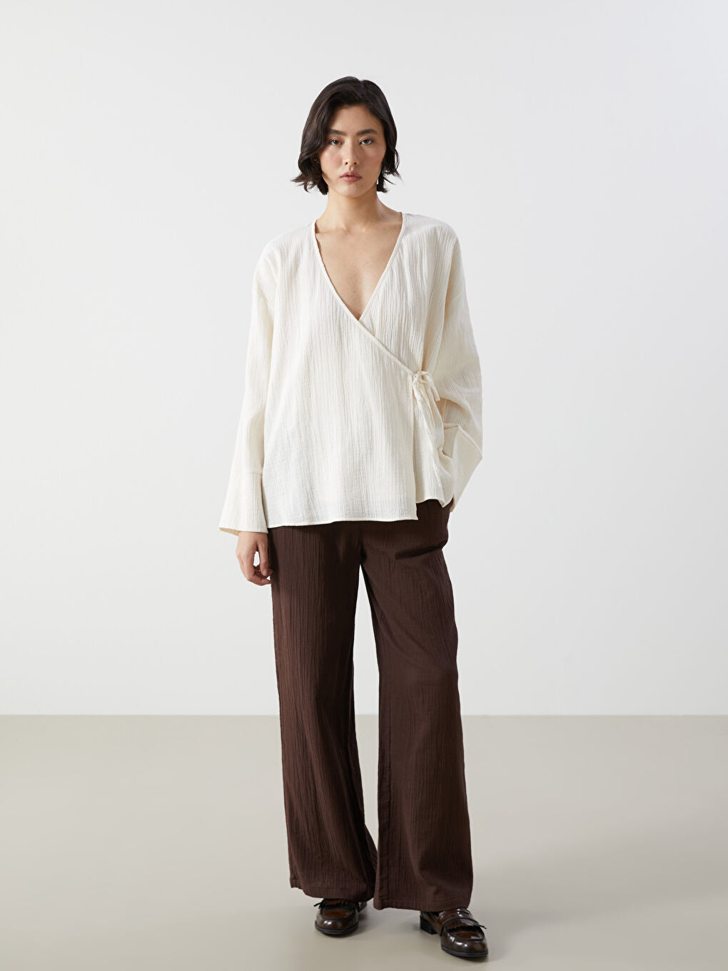 LCW Vision Khaki Double Breasted Textured Women Kimono