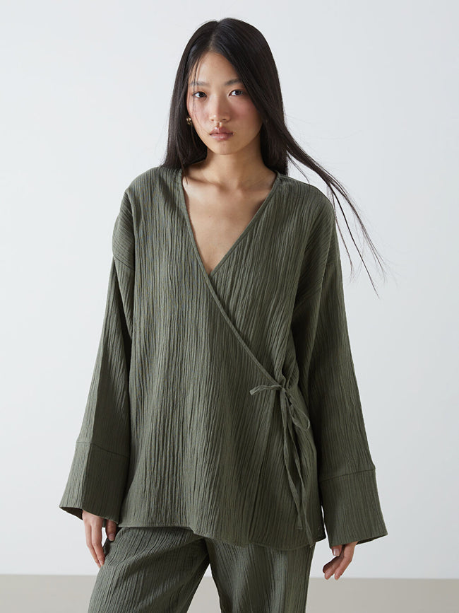 LCW Vision Khaki Double Breasted Textured Women Kimono Hover Image