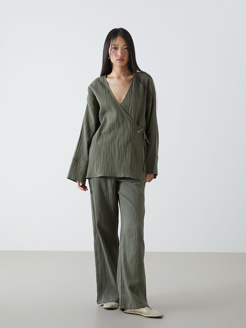 LCW Vision Khaki Double Breasted Textured Women Kimono