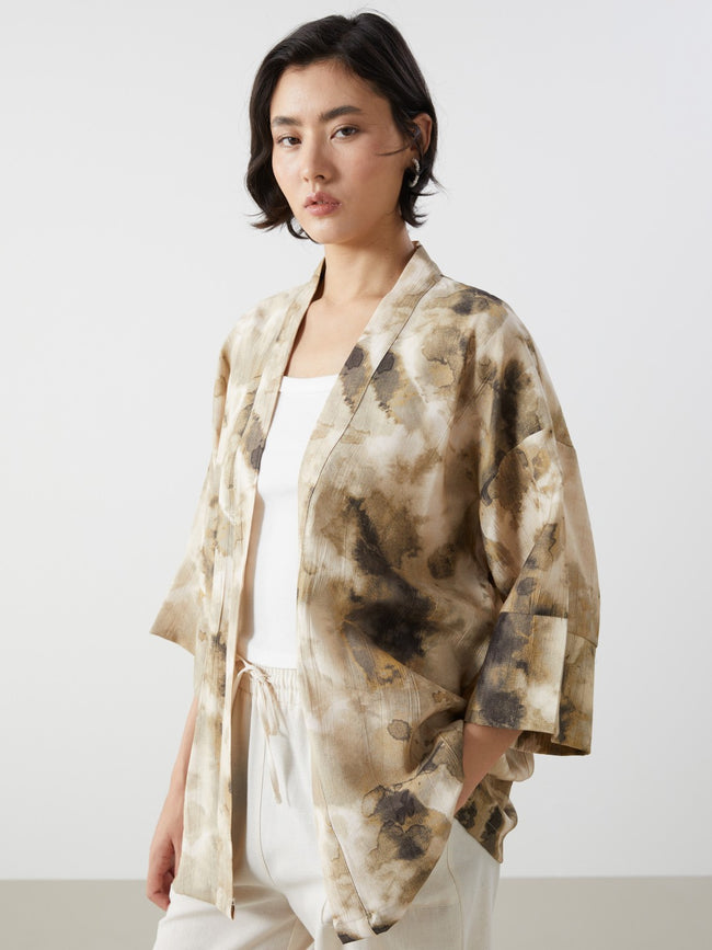 LCW Vision Shawl Collar Patterned Oversize Women Kimono Hover Image