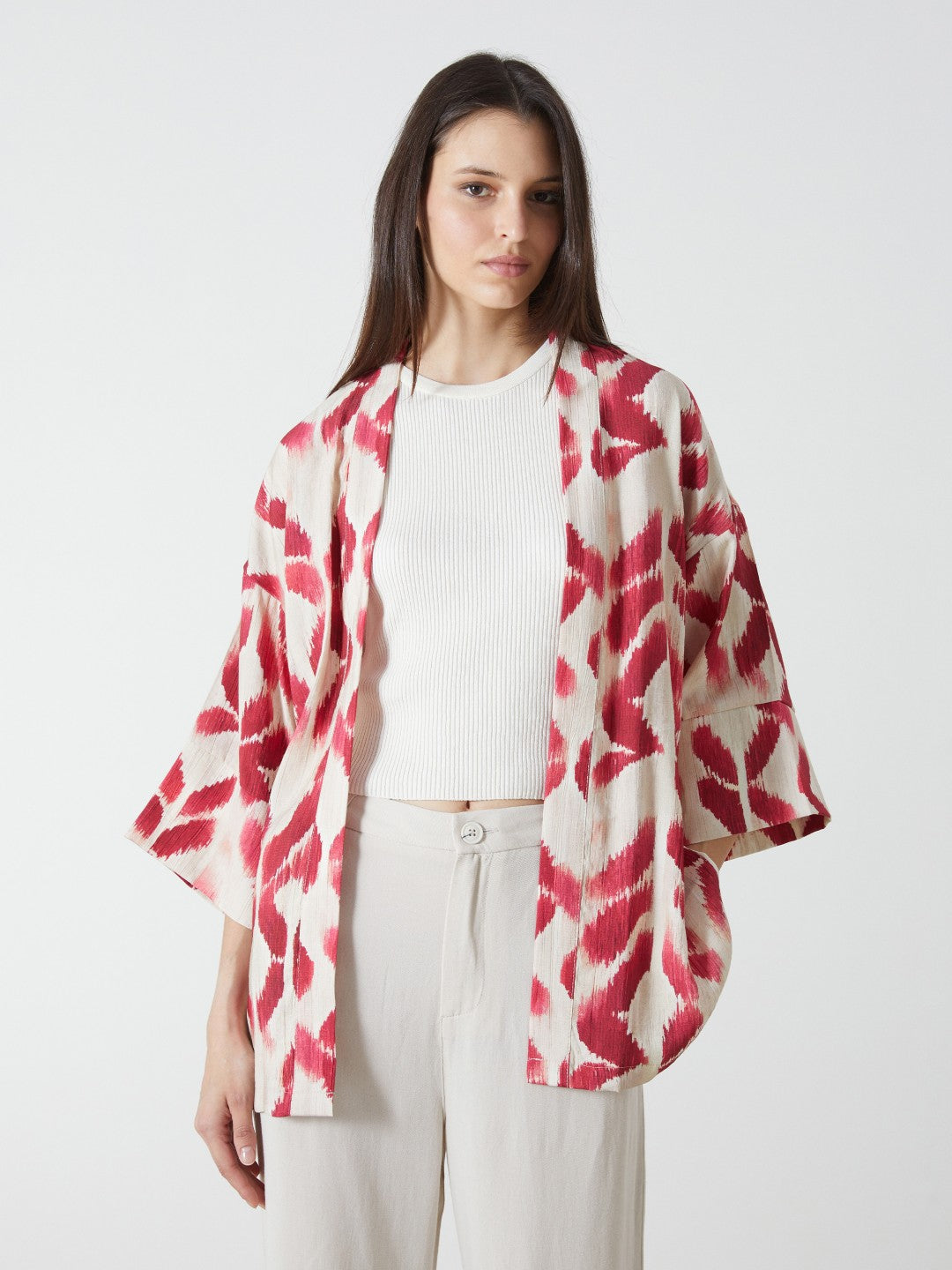 LCW Vision Shawl Collar Patterned Oversize Women Kimono