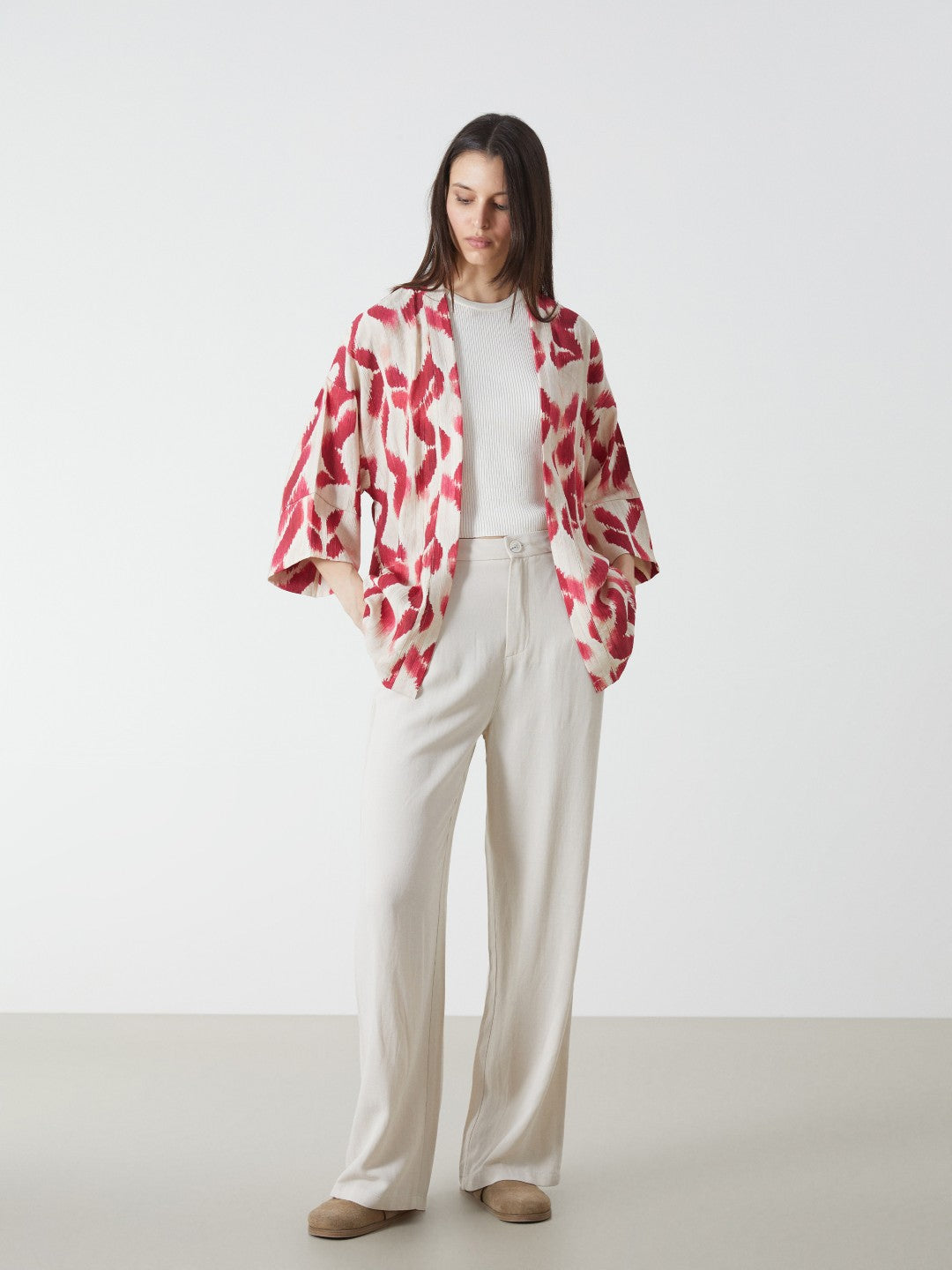 LCW Vision Shawl Collar Patterned Oversize Women Kimono