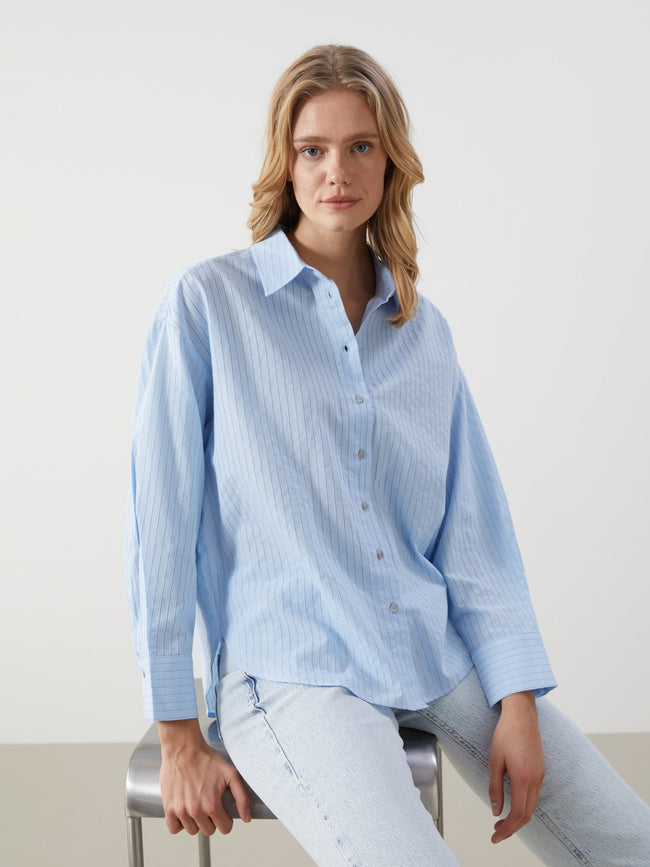 LCW Vision Striped Oversize Women Shirt Hover Image