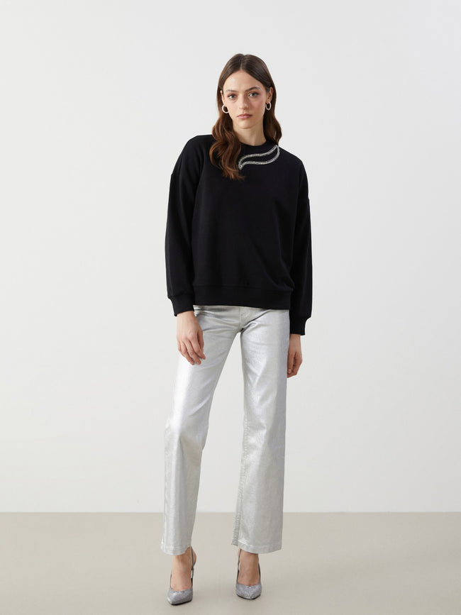 LCW Modest Crew Neck Embroidered Women Sweatshirt Tunic Main Image