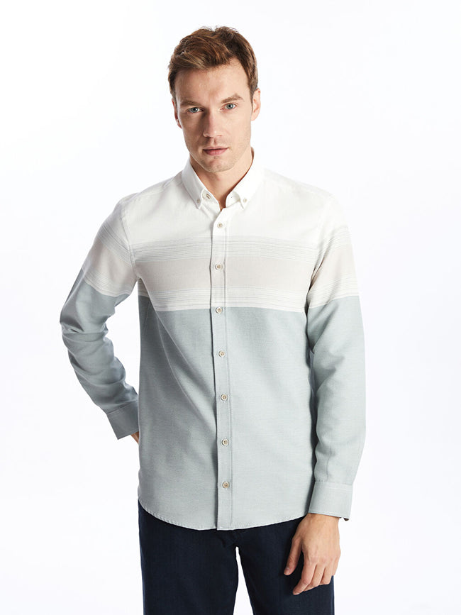 LCWAIKIKI Classic Green Regular Fit Long Sleeve Striped Men Shirt Hover Image