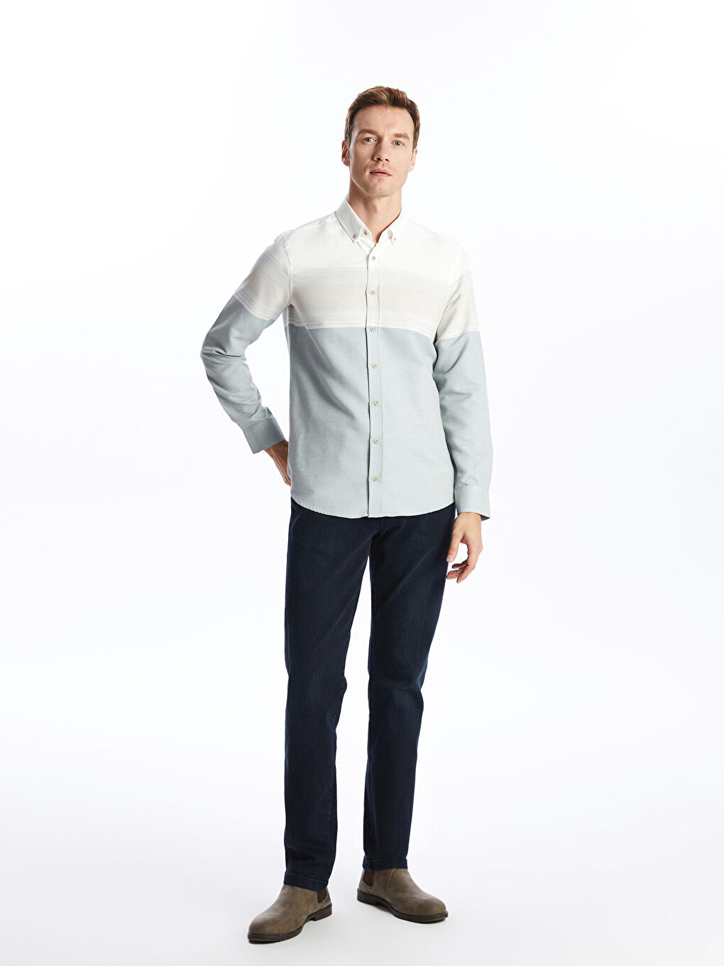 LCWAIKIKI Classic Green Regular Fit Long Sleeve Striped Men Shirt