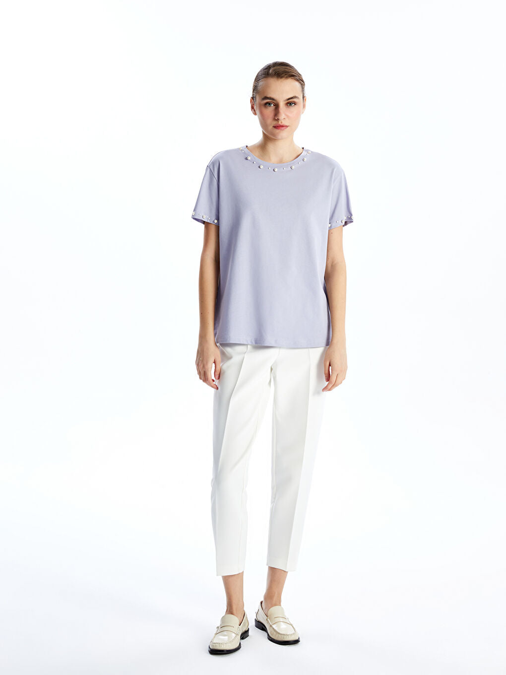 LCWAIKIKI Classic Lilac Crew Neck Beaded Women T-Shirt