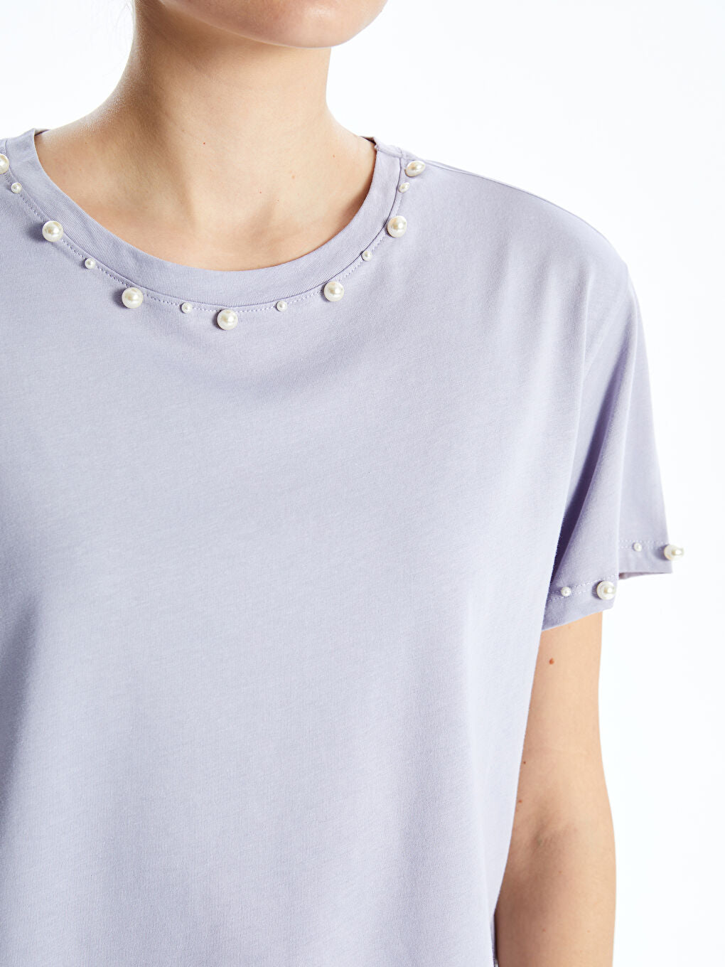 LCWAIKIKI Classic Lilac Crew Neck Beaded Women T-Shirt
