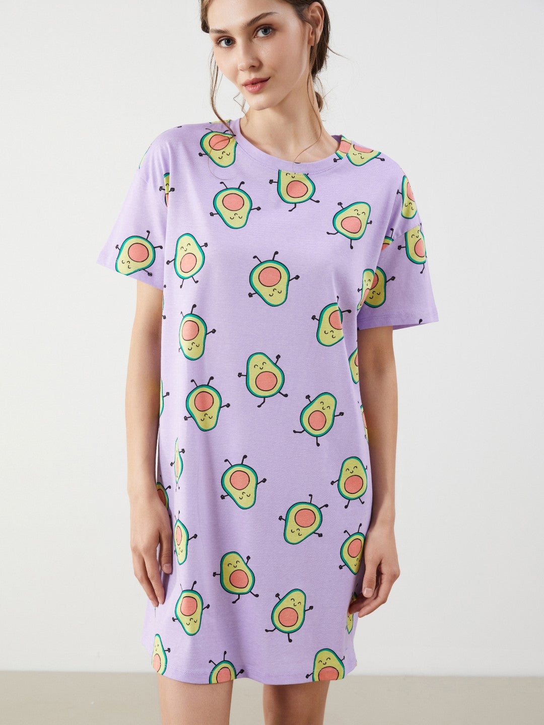 LCW Young Lilac Crew Neck Avocado Printed Women Nightgown