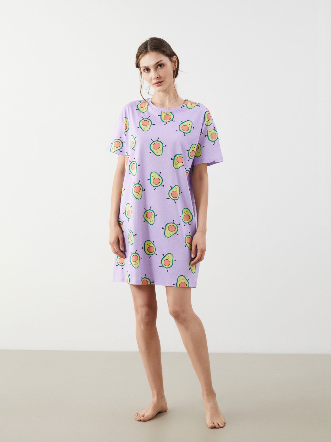 LCW Young Lilac Crew Neck Avocado Printed Women Nightgown