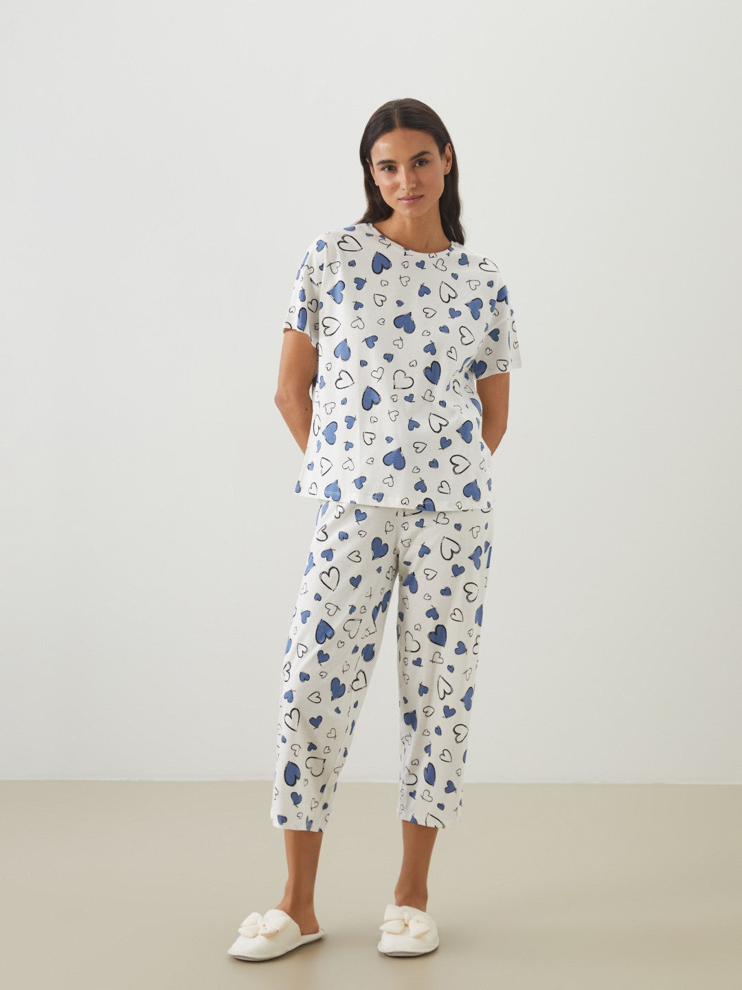LCW Dream Ecru Crew Neck Patterned Women Capri Pajama Set