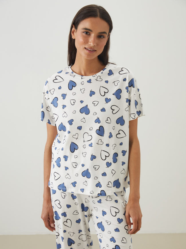 LCW Dream Ecru Crew Neck Patterned Women Capri Pajama Set Main Image