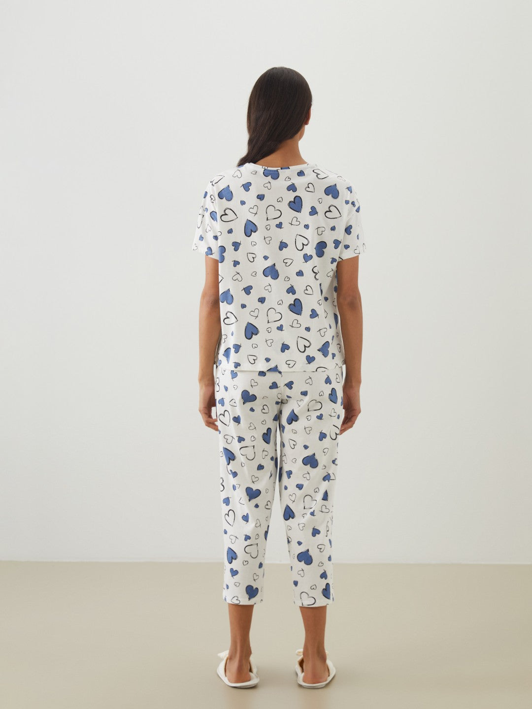 LCW Dream Ecru Crew Neck Patterned Women Capri Pajama Set