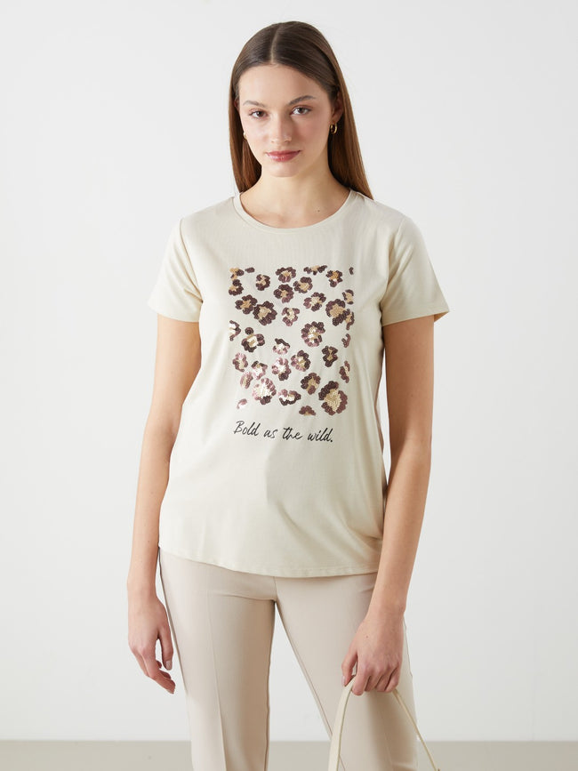 LCW Classic Crew Neck Sequined Women T-Shirt Hover Image