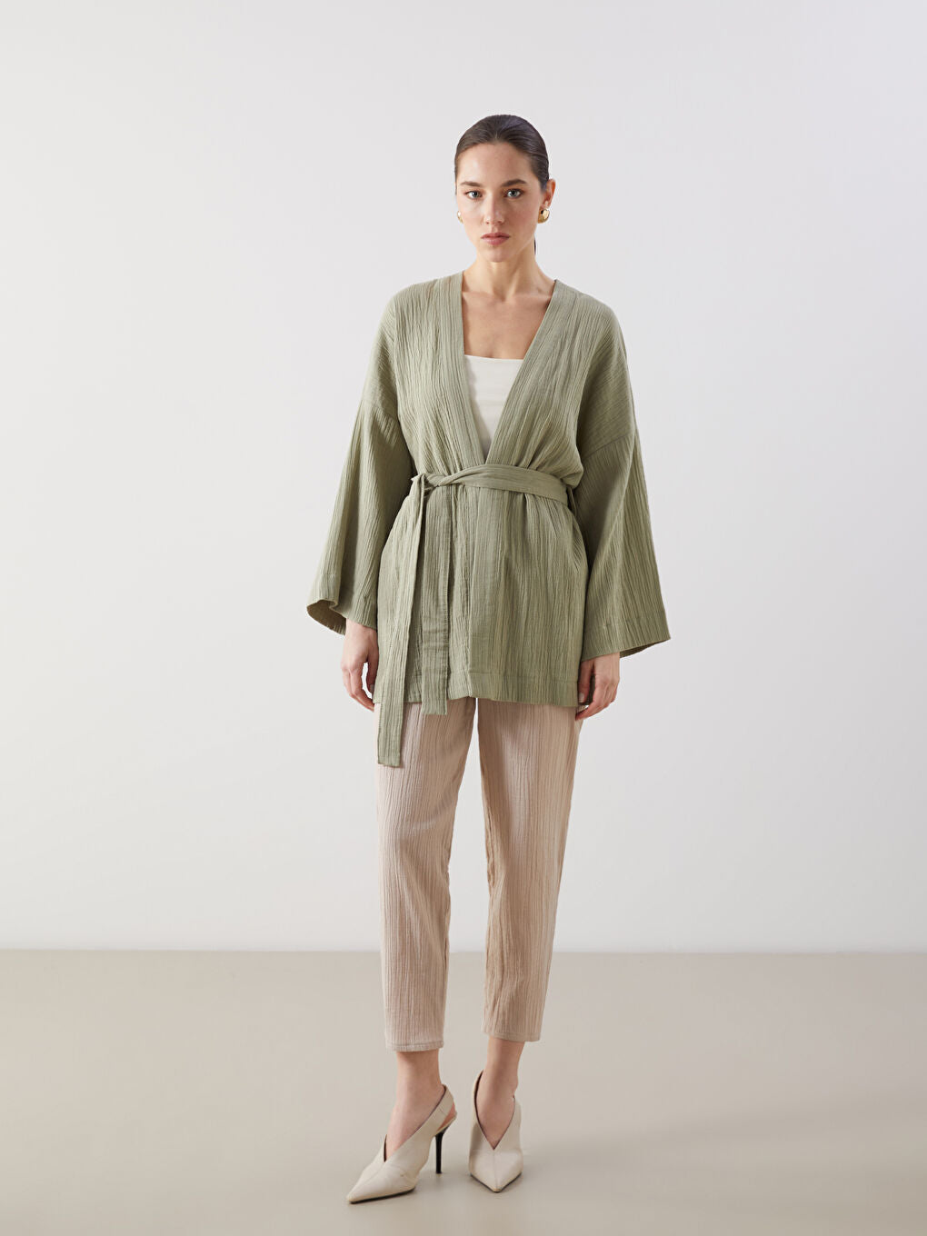 LCWAIKIKI Classic Brown Shawl Collar Women Kimono