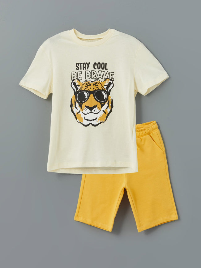 LCW Kids Crew Neck Printed Boy T-Shirt And Shorts 2-Pack Hover Image