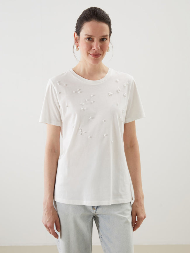 LCW Classic Crew Neck Beaded Women T-Shirt Hover Image