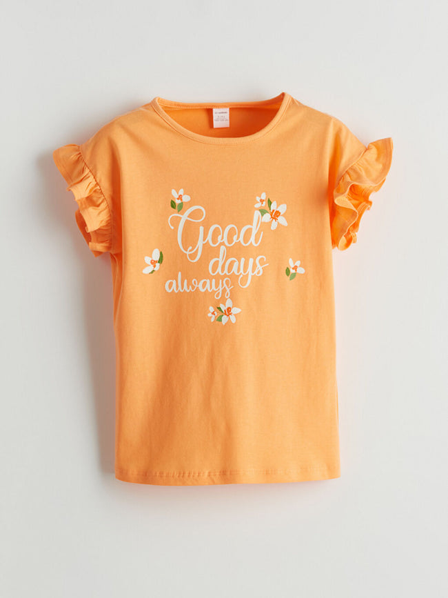 LCW Kids Orange Crew Neck Printed Girls T-Shirt Hover Image