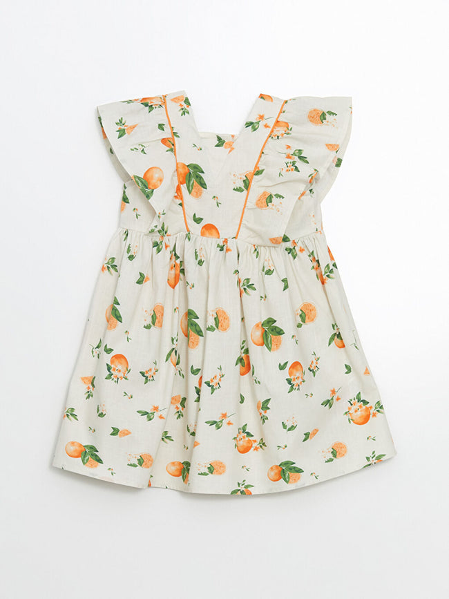 LCW Kids Ecru Square Neck Orange Printed Girl Dress Hover Image