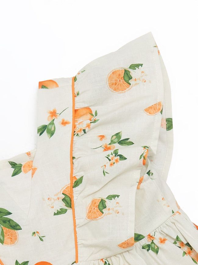 LCW Kids Ecru Square Neck Orange Printed Girl Dress Main Image