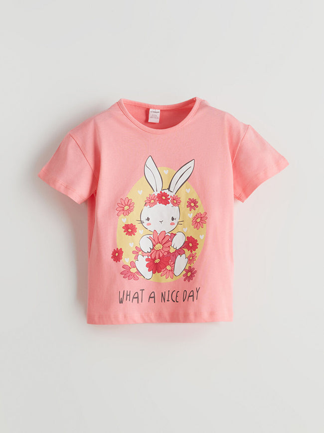 LCW Kids Pink Crew Neck Printed Girls T-Shirt Hover Image