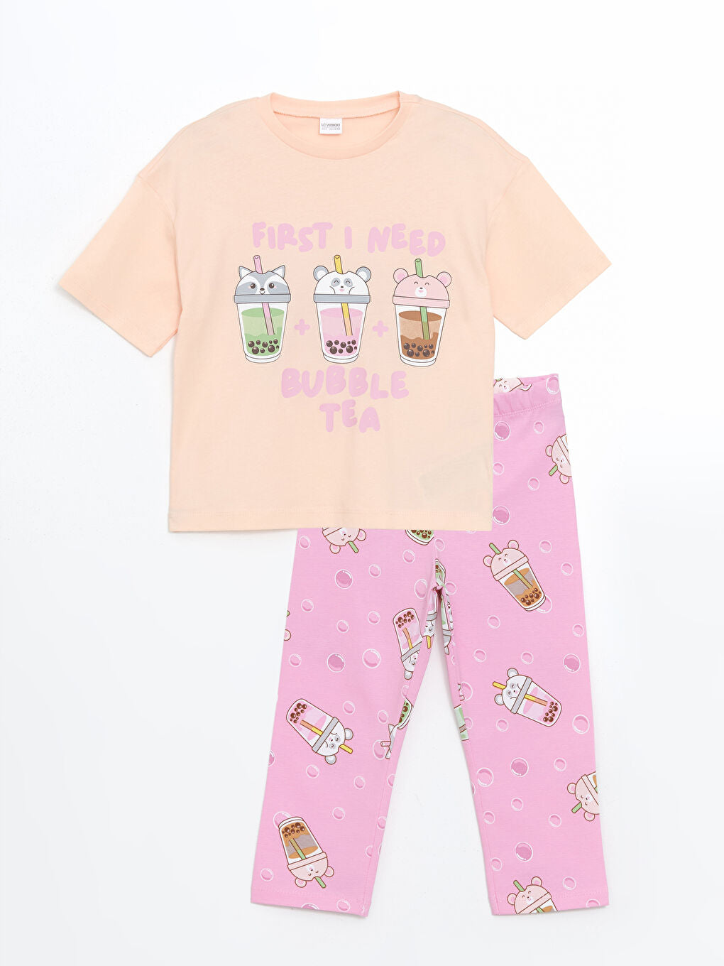 LCW Kids Pink Crew Neck Girls T-Shirt and Leggings
