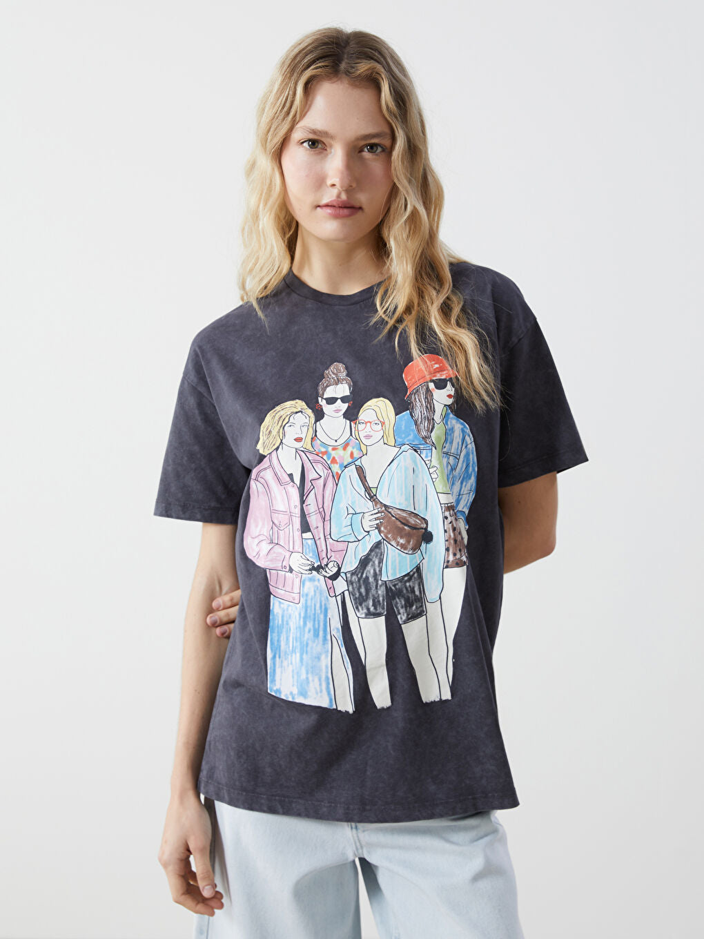 LCWAIKIKI Classic Anthracite Crew Neck Printed Women T-Shirt