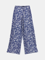 LCW Modest Navy Blue Elastic Waist Patterned Wide Leg Women Trousers