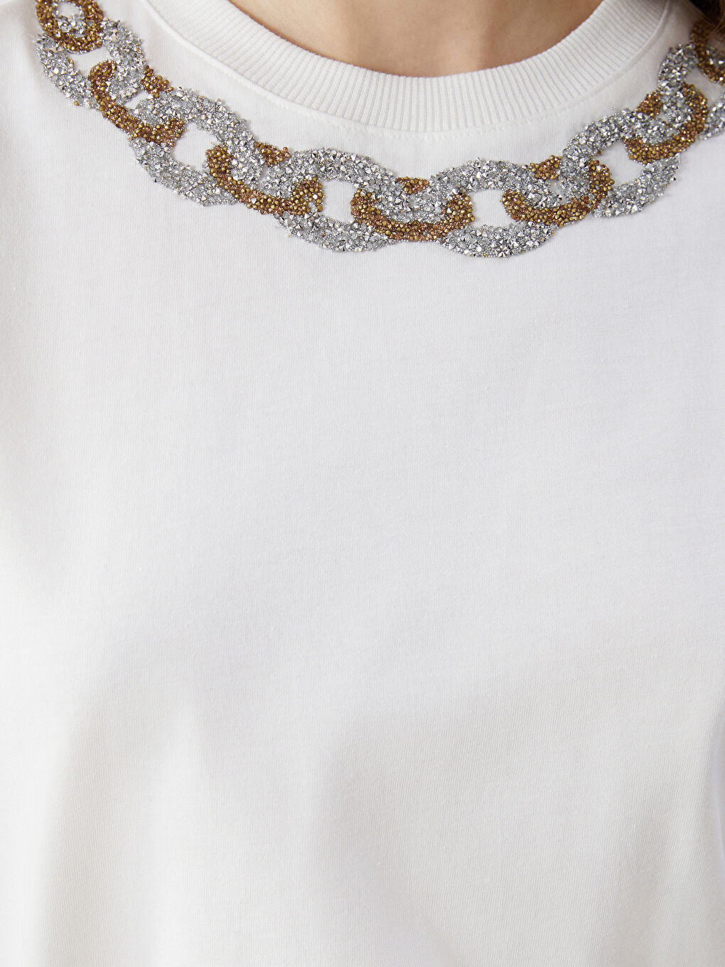 LCW Modest Ecru Crew Neck Embroidered Women T-Shirt