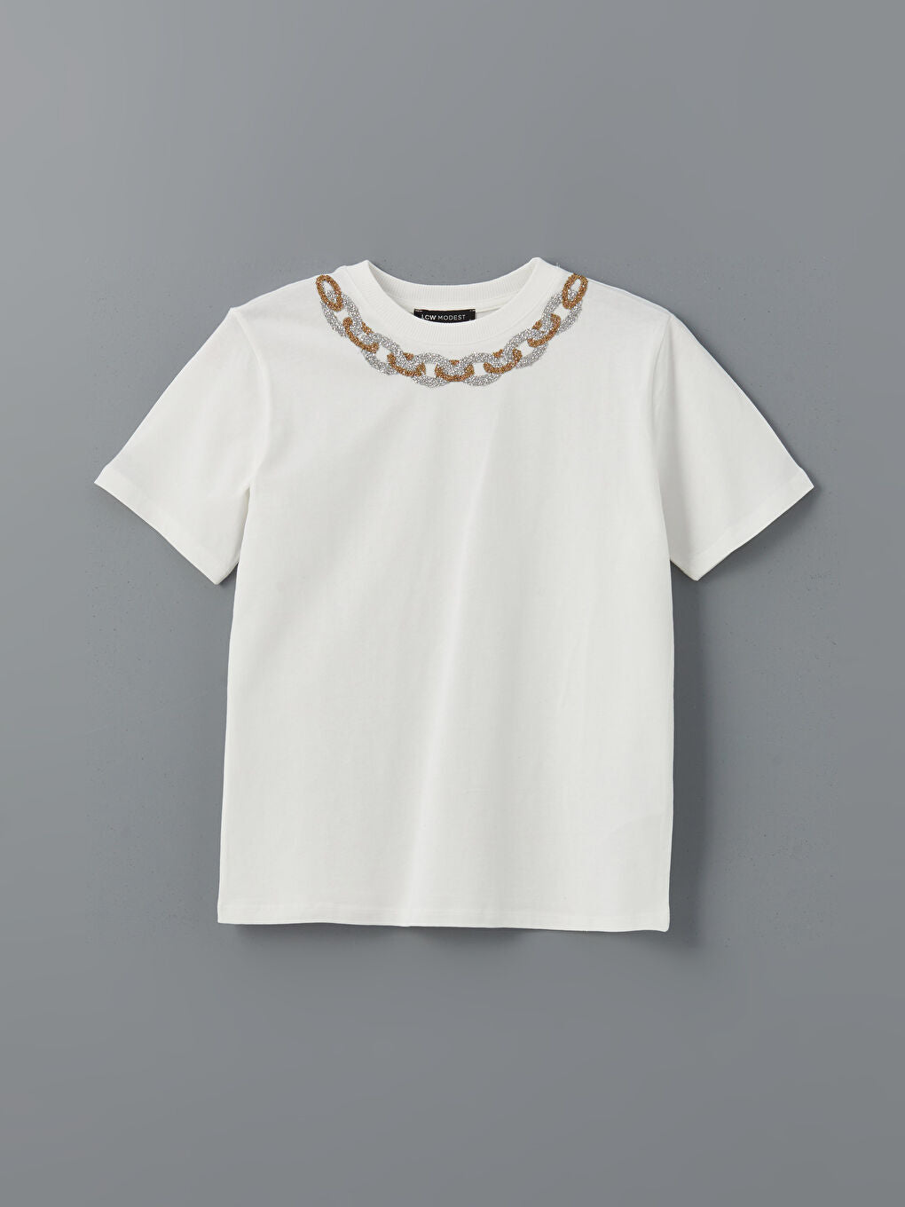 LCW Modest Ecru Crew Neck Embroidered Women T-Shirt