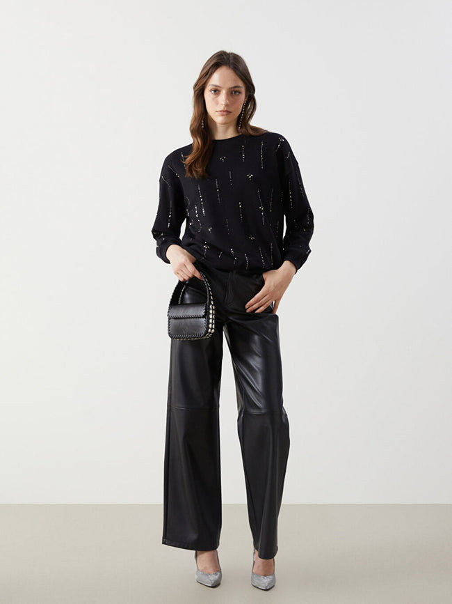 LCW Modest Black Crew Neck Stoned Women Sweatshirt Tunic Main Image