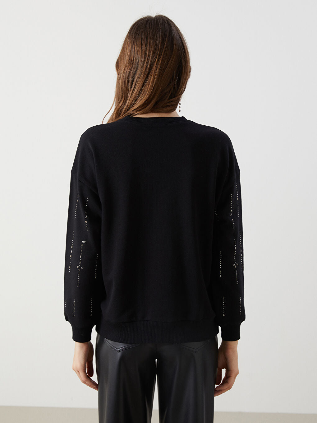 LCW Modest Black Crew Neck Stoned Women Sweatshirt Tunic