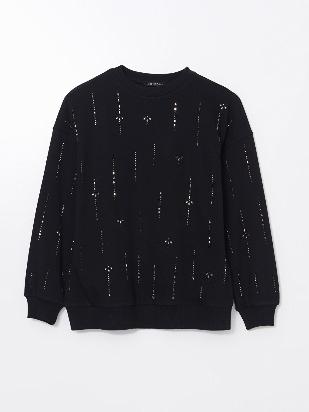 LCW Modest Black Crew Neck Stoned Women Sweatshirt Tunic