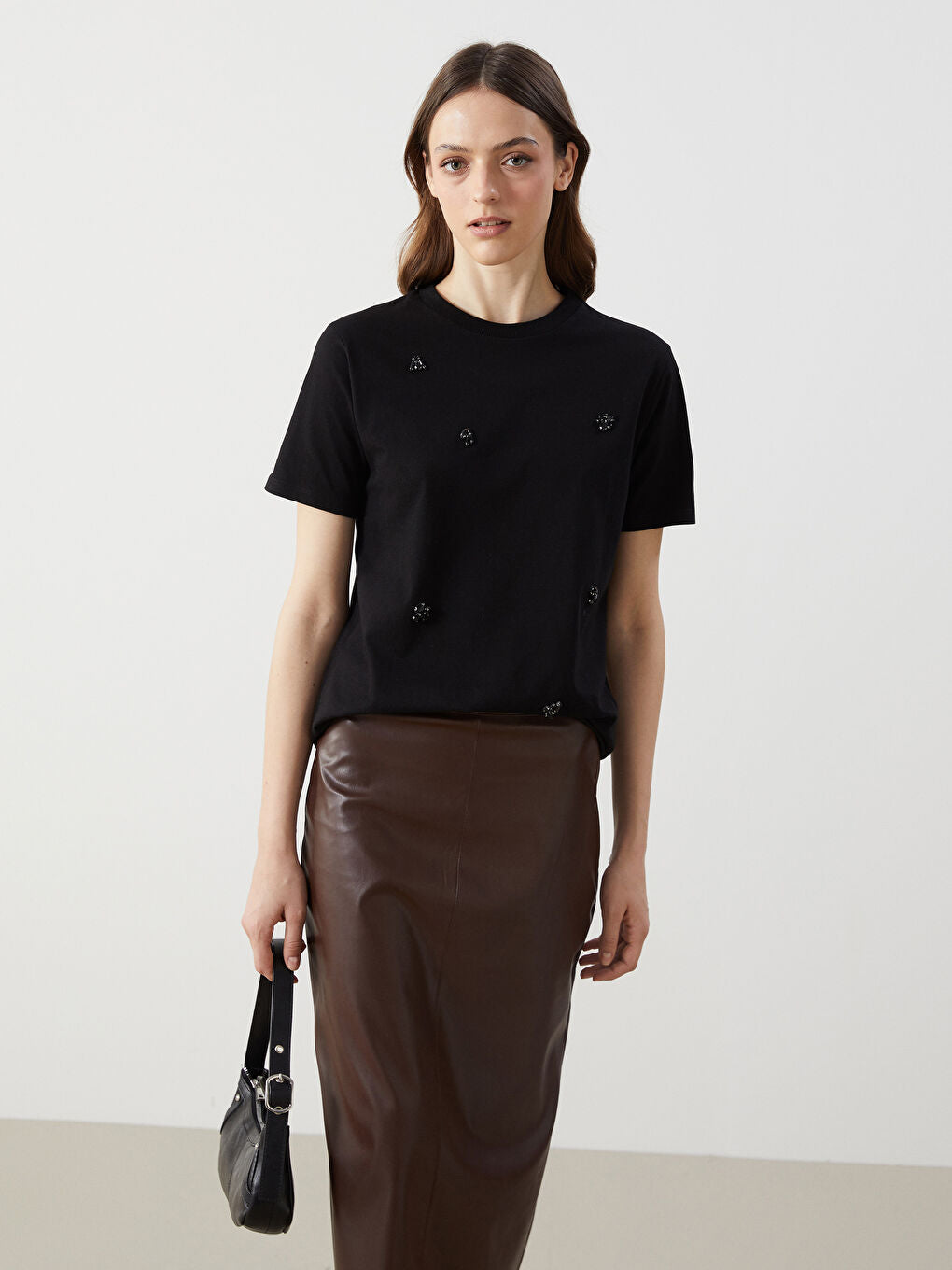 LCW Modest Black Crew Neck Stoned Women T-Shirt