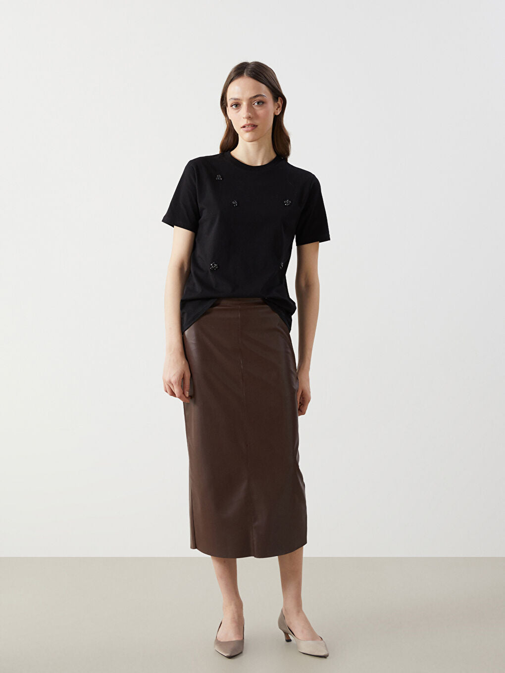 LCW Modest Black Crew Neck Stoned Women T-Shirt