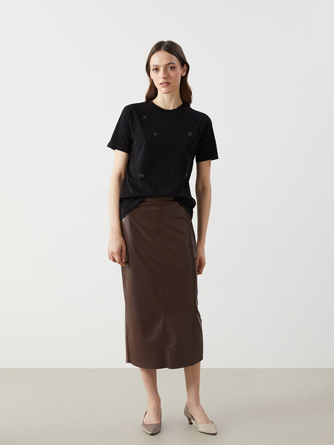 LCW Modest Black Crew Neck Stoned Women T-Shirt Main Image