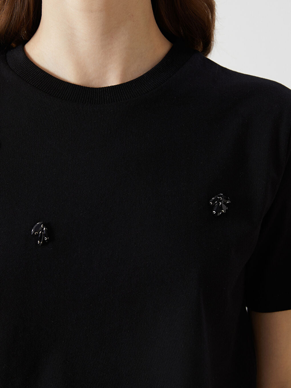 LCW Modest Black Crew Neck Stoned Women T-Shirt