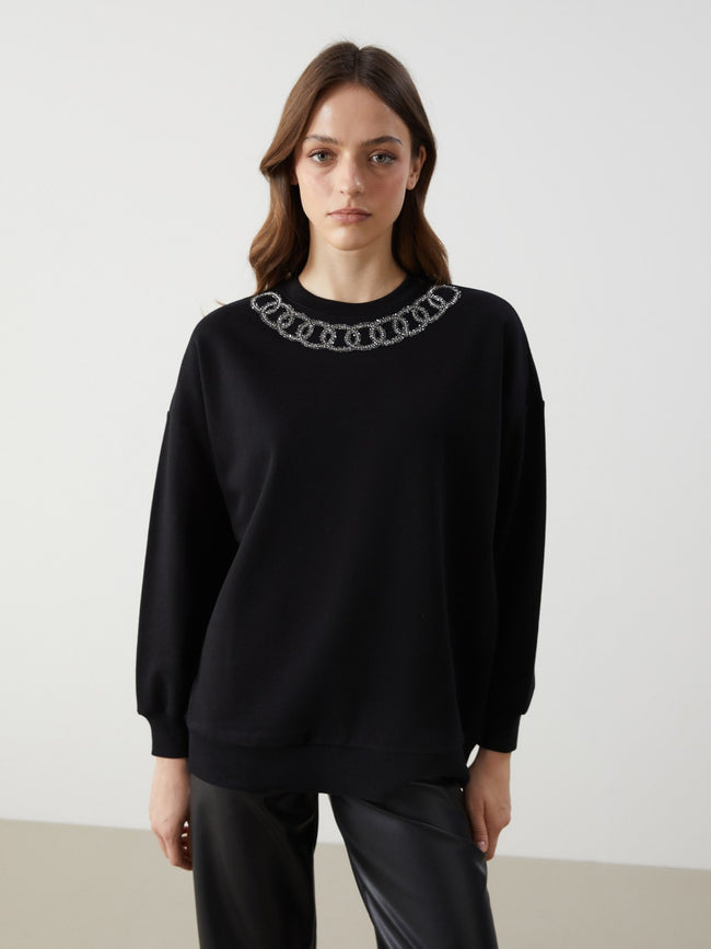 LCW Modest Crew Neck Printed Oversize Women Sweatshirt Hover Image