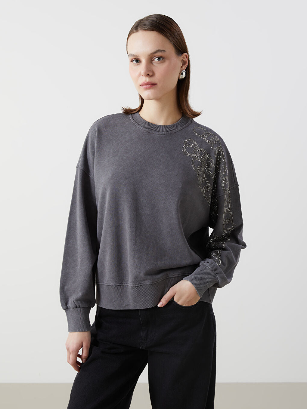 LCW Modest Anthracite Stone Oversize Women Sweatshirt Tunic