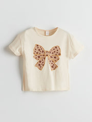 LCW Kids Beige Crew Neck Ribbon Detailed Girls T-Shirt