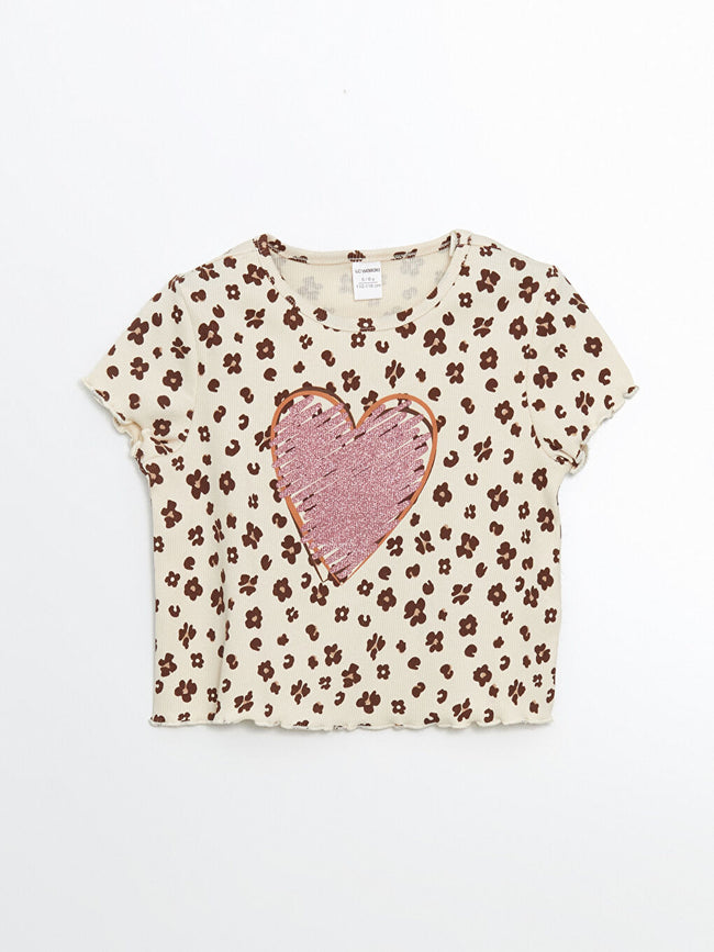 LCW Kids Ecru Crew Neck Printed Girls T-Shirt Hover Image