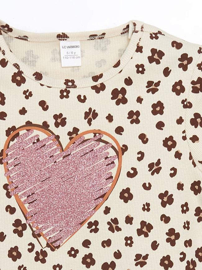 LCW Kids Ecru Crew Neck Printed Girls T-Shirt Main Image