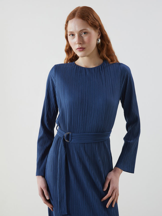 LCW Vision Crew Neck Textured Crinkle Women Dress Hover Image