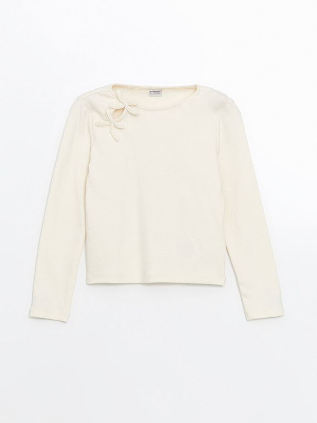 LCW Kids Ecru Crew Neck Bow Detailed Girls Crop T-Shirt Hover Image