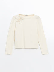 LCW Kids Ecru Crew Neck Bow Detailed Girls Crop T-Shirt