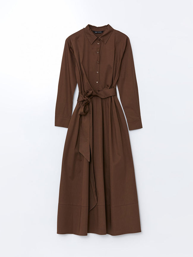 LCW Modest Brown Shirt Collar Poplin Women Dress Hover Image