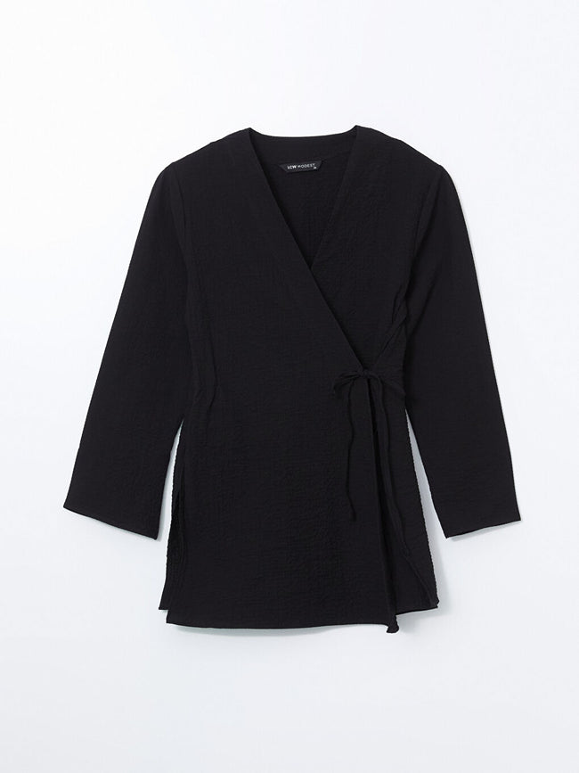 LCW Modest Black Double Breasted Collar Women Kimono Hover Image