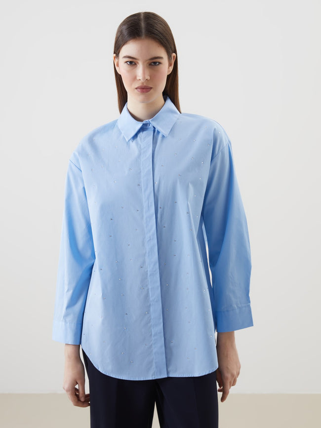 LCW Modest Shiny Stone Poplin Women Shirt Tunic Hover Image
