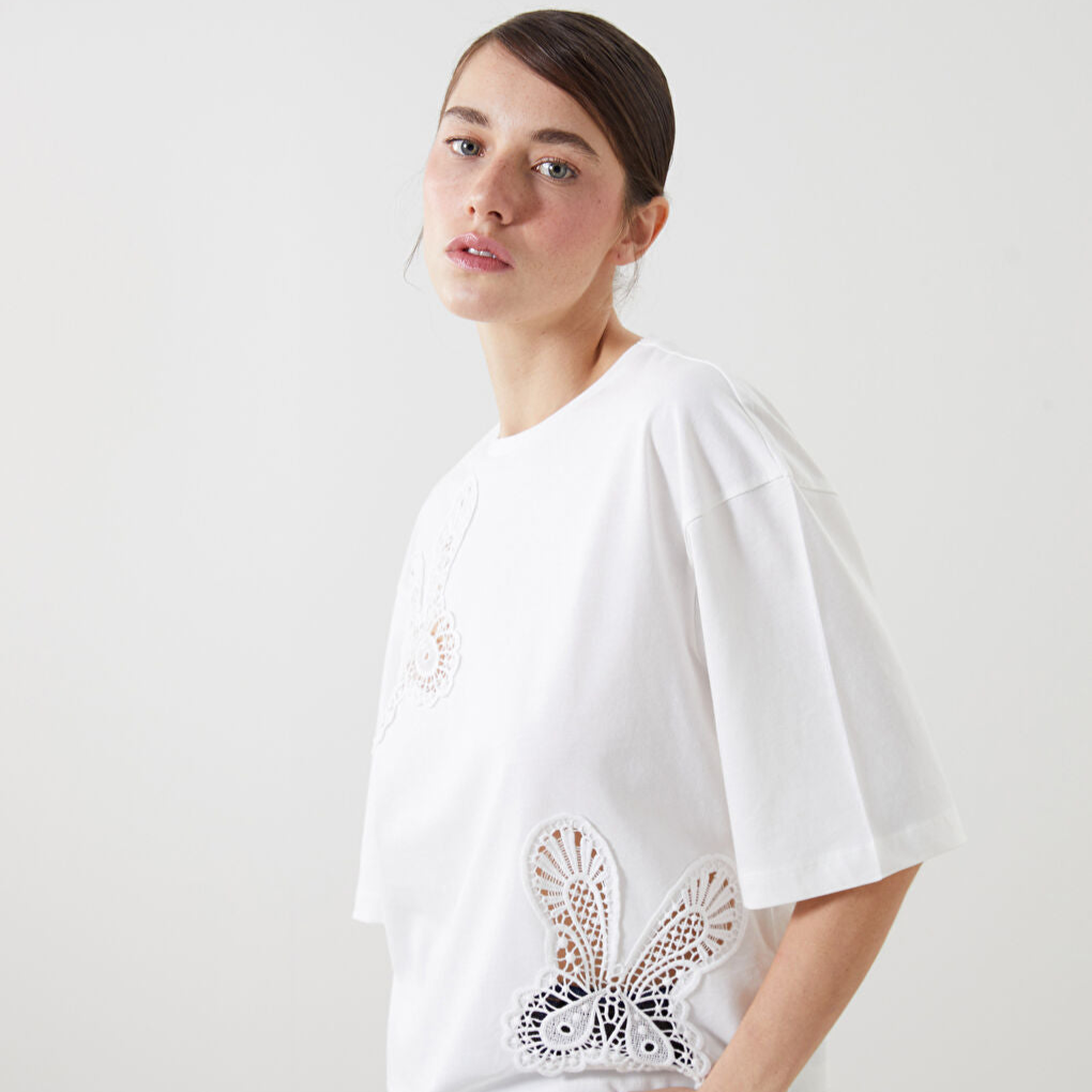 LCW Vision Ecru Crew Neck Embroidered Women T-Shirt