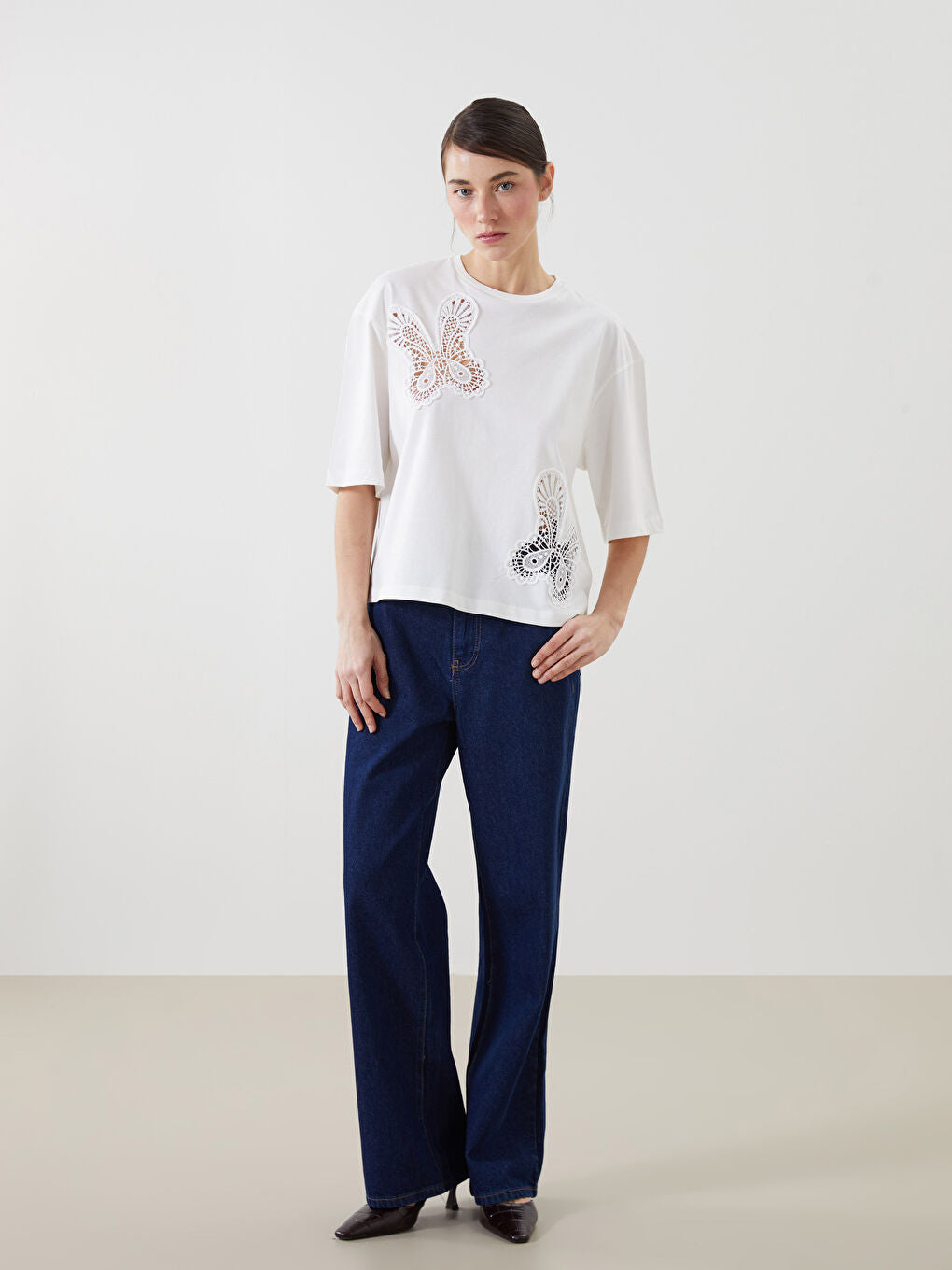 LCW Vision Ecru Crew Neck Embroidered Women T-Shirt